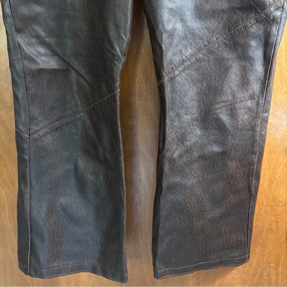 VINTAGE Chocolate Brown Patchwork Low Rise Faux Leather Flare Pants Y2K Goth 90s - Picture 8 of 16